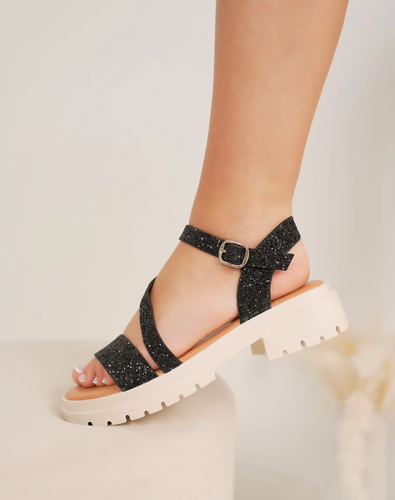 Nu-pieds femme noirs pailletés FINDLAY à lanières fines et semelle crantée