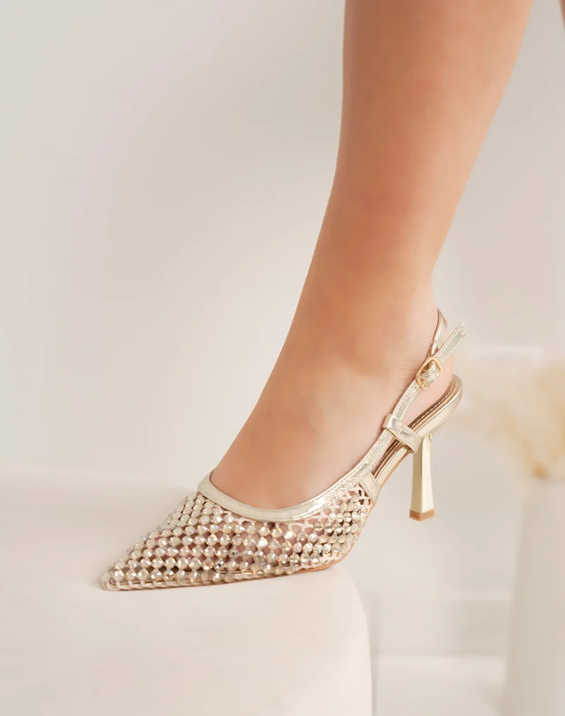 Escarpins femme dorés transparents à strass tendance et bride arrière