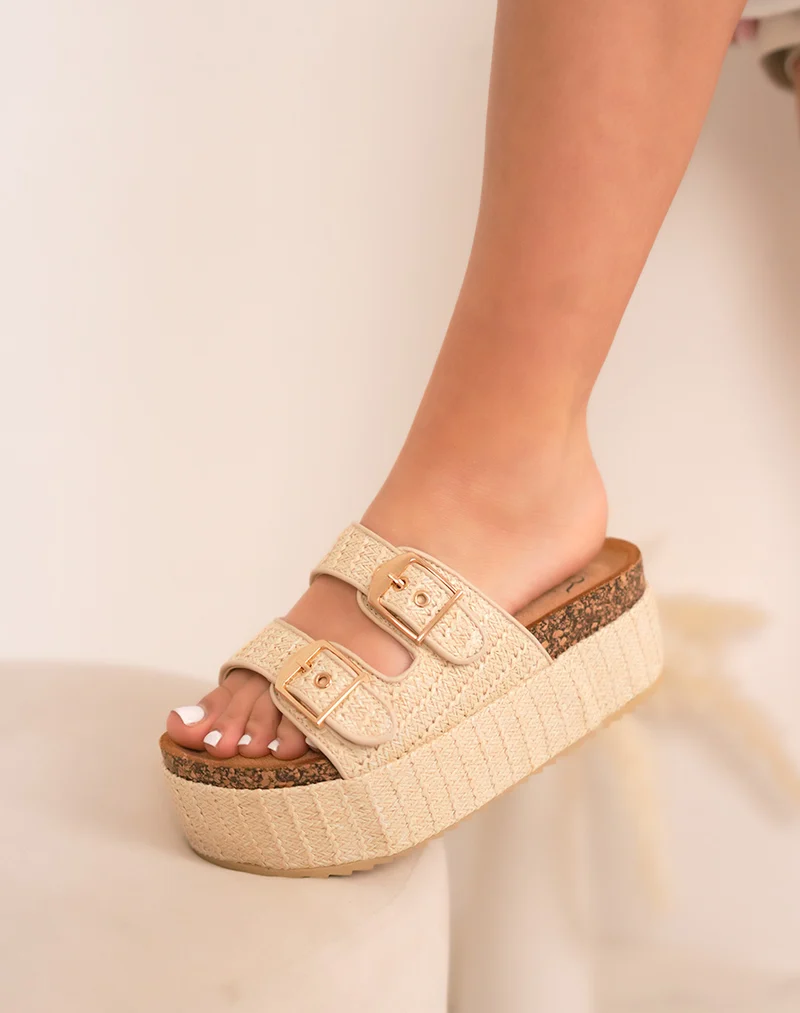 Mules femme beige à plateforme tressée 6 cm avec doubles brides et détails dorés