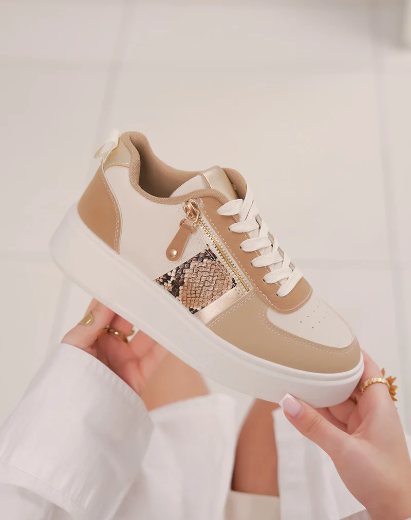 Basket femme beige et taupe avec zip latéral et empiècement effet python tendance