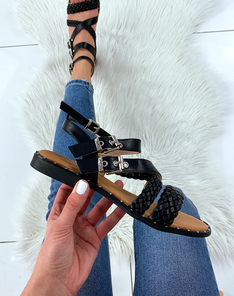 Nu-pieds noirs à multiples brides tressées et lisses