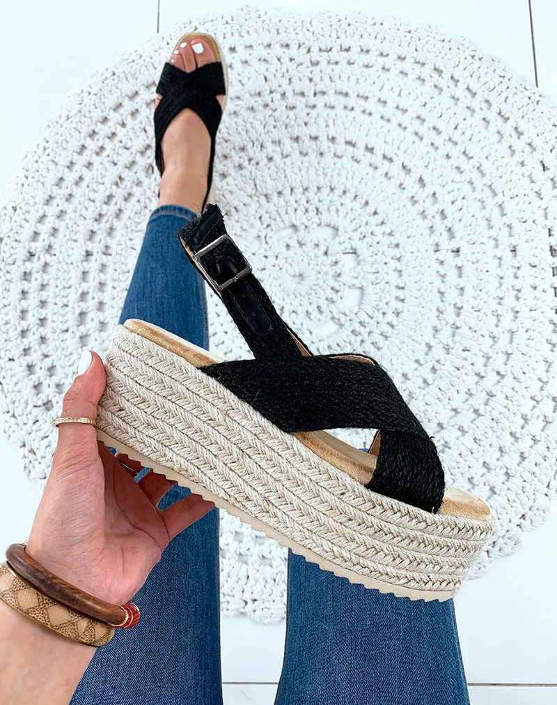 Espadrilles compensées en raphia noires
