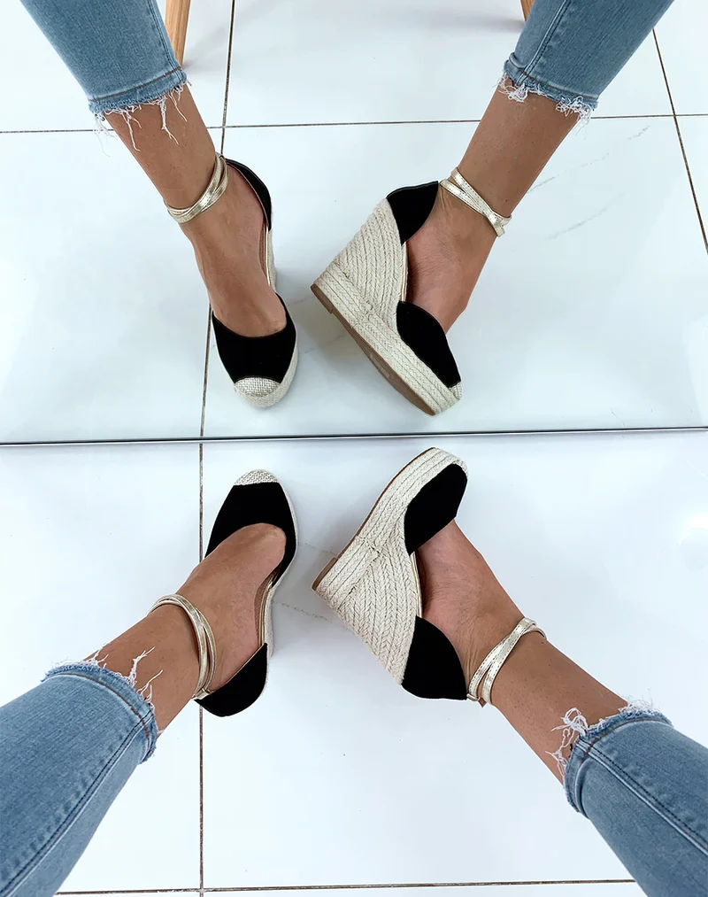 Espadrilles noires en suédine et doré à talons compensés