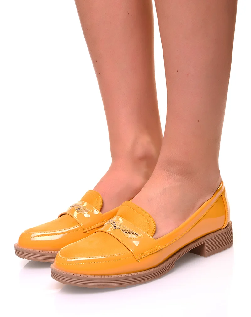 Mocassins jaunes bi-matières détails python et résille