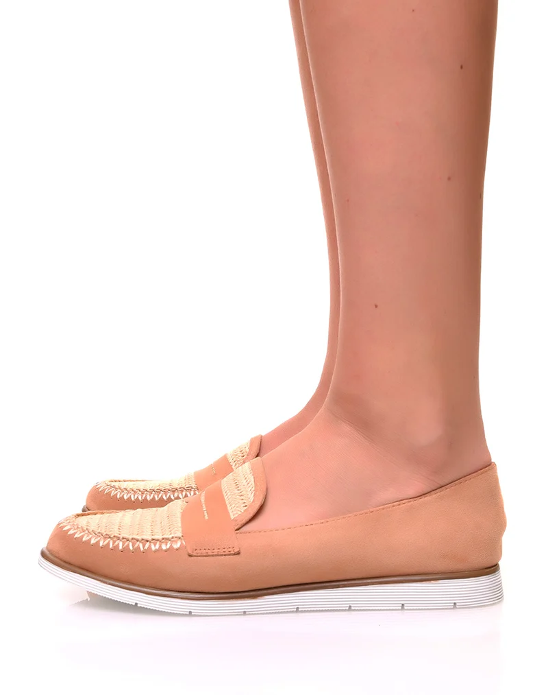 Mocassins en suédine beige et effet osier