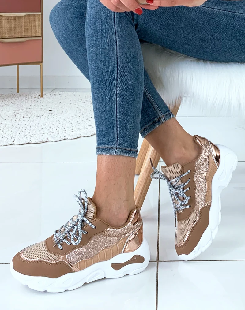 Baskets kaki cuivre bi-matière