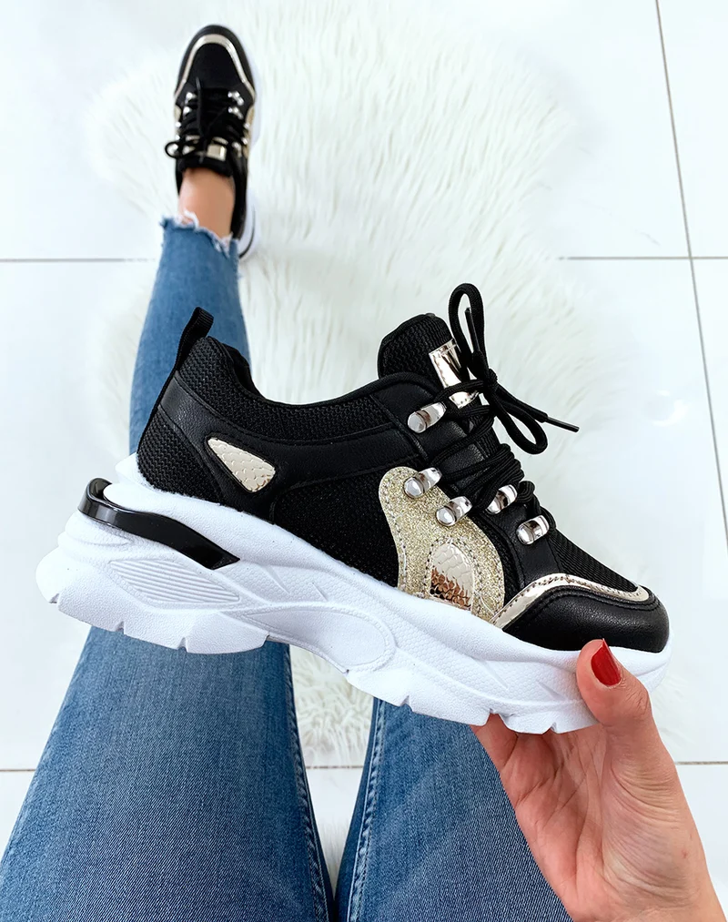 Baskets noires à empiècement doré et bande sur talon