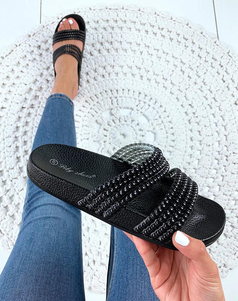Mules noires à doubles brides fantaisies