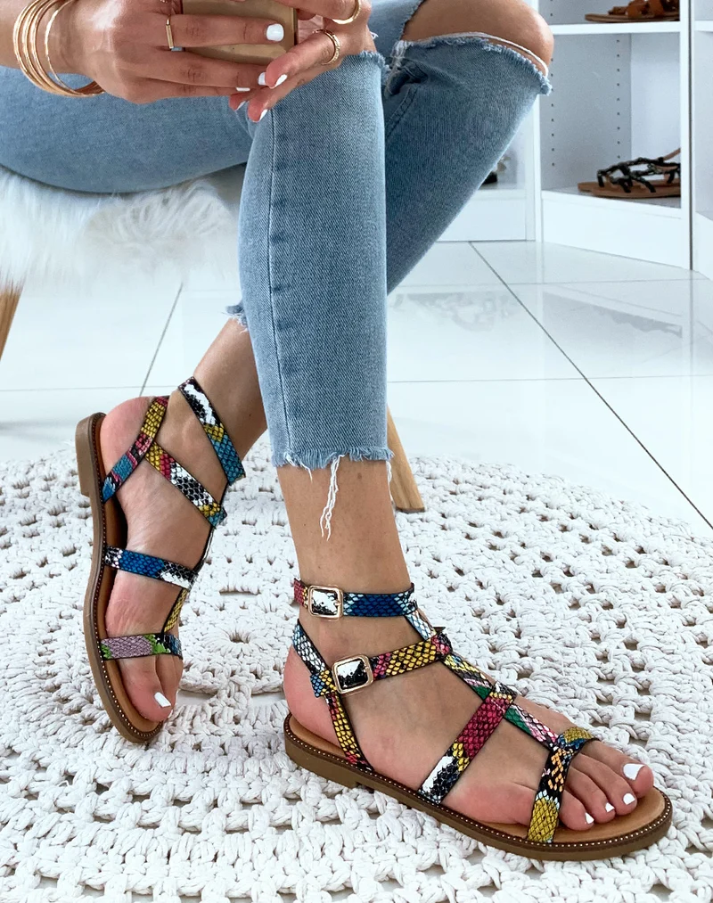 Sandales plates multicolore brides python