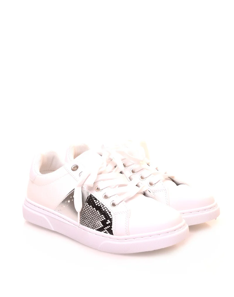 Baskets blanches à empiècements argentés croco blanc et python
