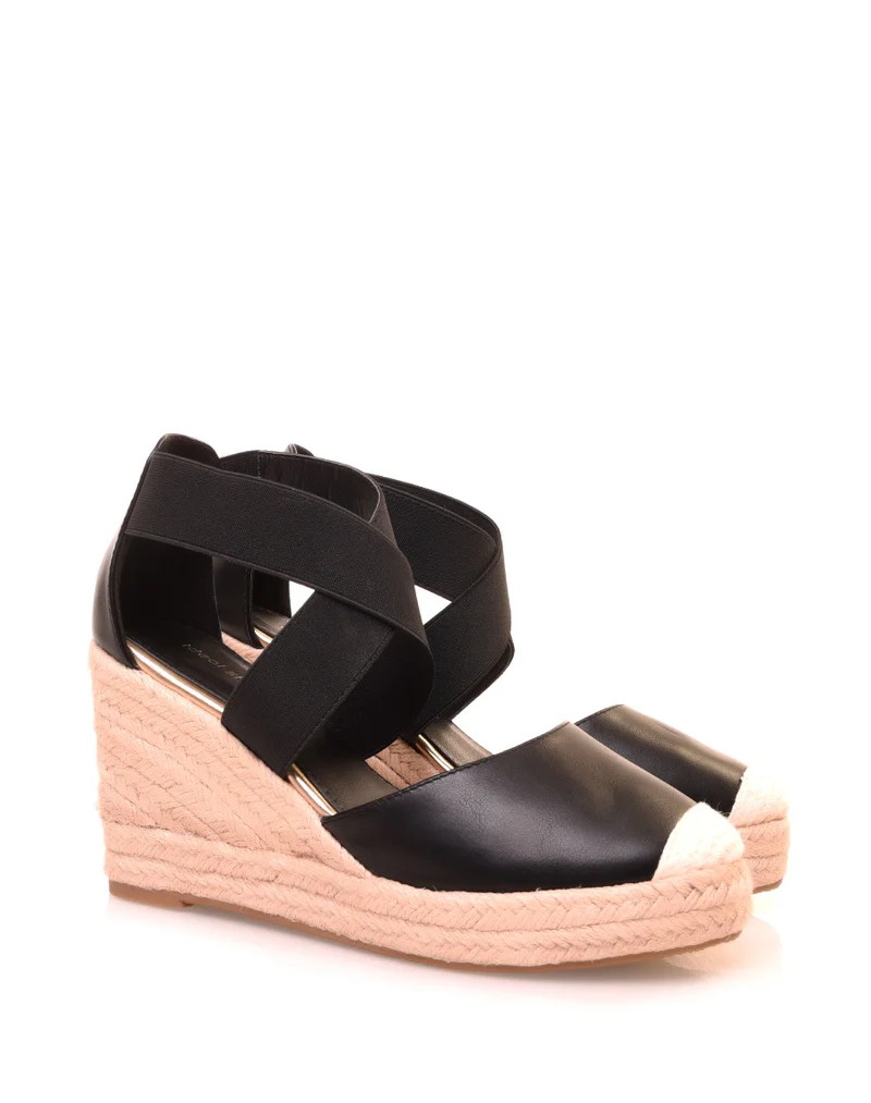 Espadrilles noires à talons compensés et à lanières croisées