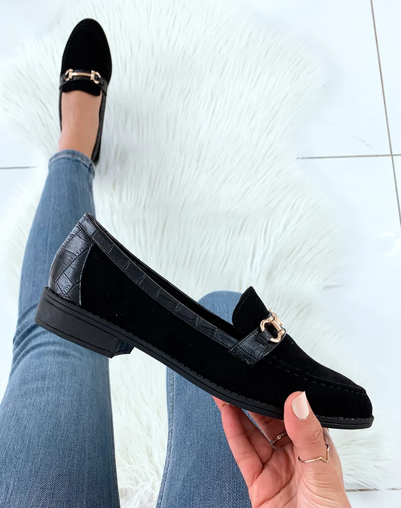 Mocassins noirs bi-matières suédine et croco