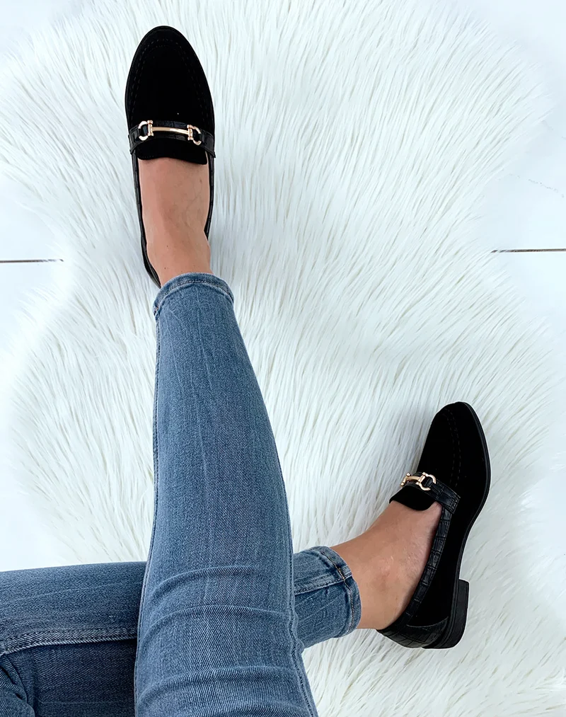 Mocassins noirs bi-matières suédine et croco