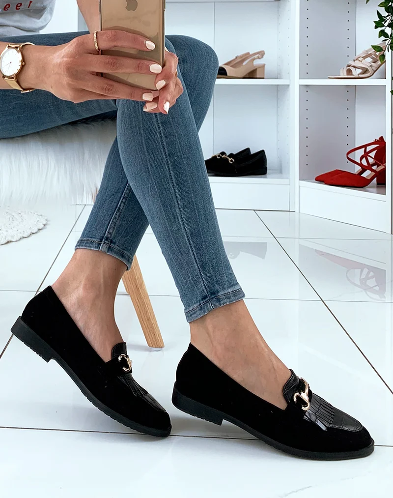 Mocassins noirs en suédine à franges et à détails croco