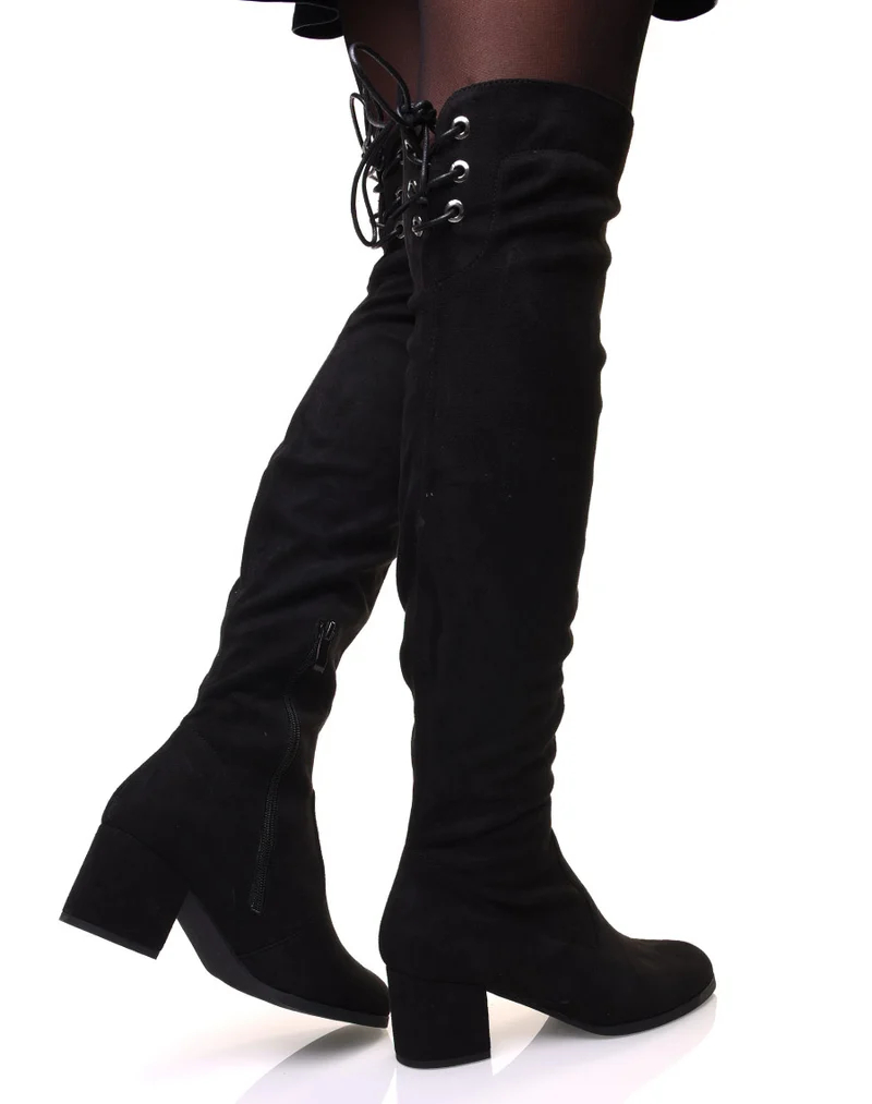 Cuissardes à talon noires en suédine ajustable