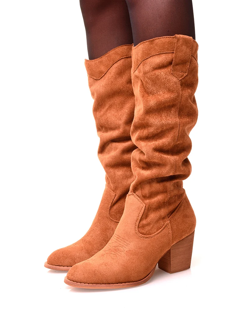 Botte camel à talon effet suédine
