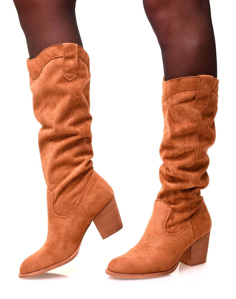 Botte camel à talon effet suédine