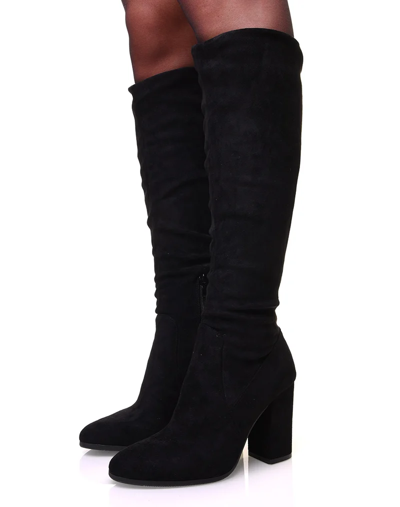 Bottes noires à talon plissé en suédine