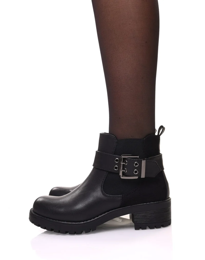 Bottines bi-matières noires à semelle crantée