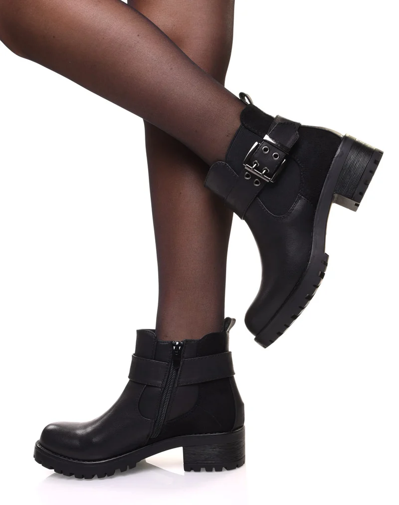 Bottines bi-matières noires à semelle crantée