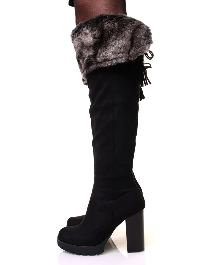 Bottes à talon noires en suédine et fourrure