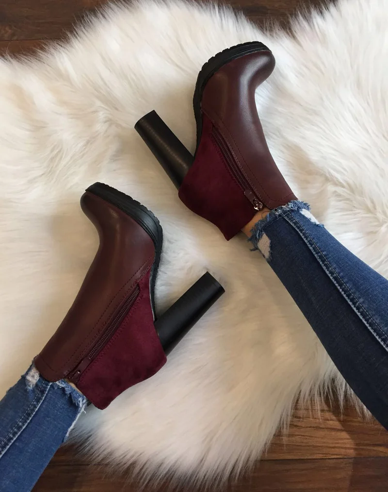 Bottines à talons bordeaux bi matières
