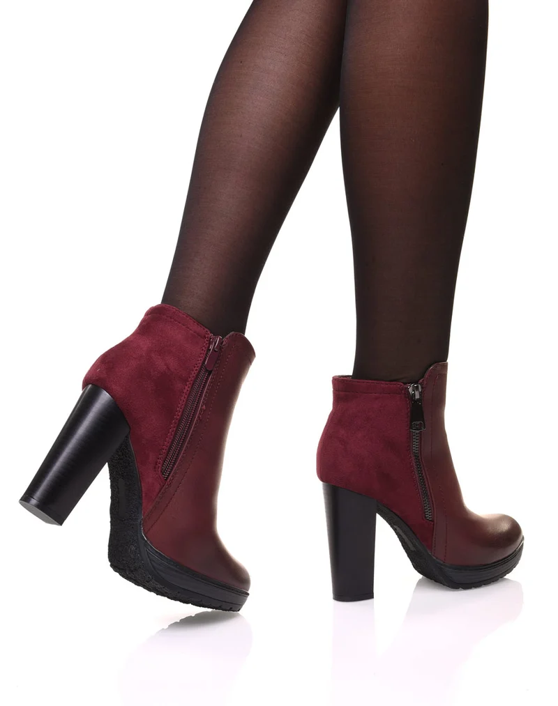 Bottines à talons bordeaux bi matières