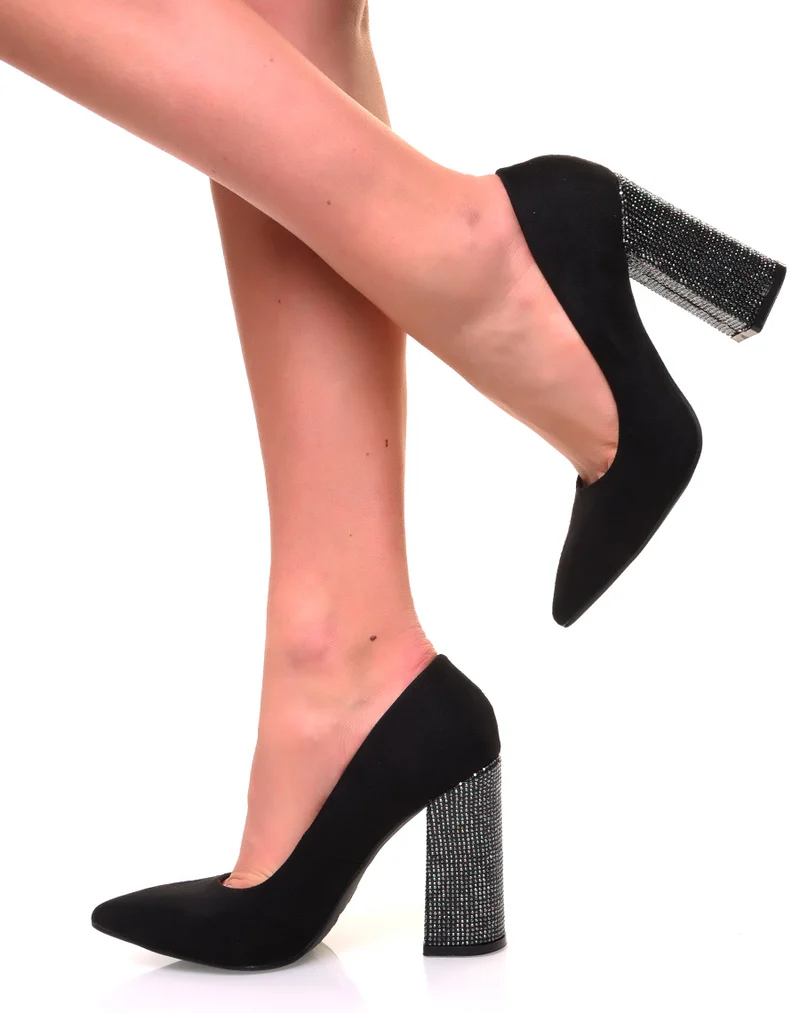 Escarpins en suédine noirs à talons à strass carrés