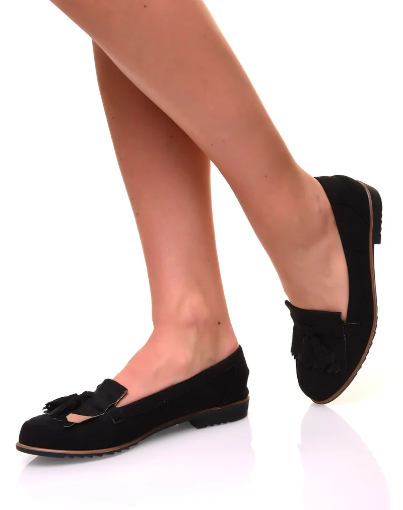 Mocassins à franges et pompons en suédine noire