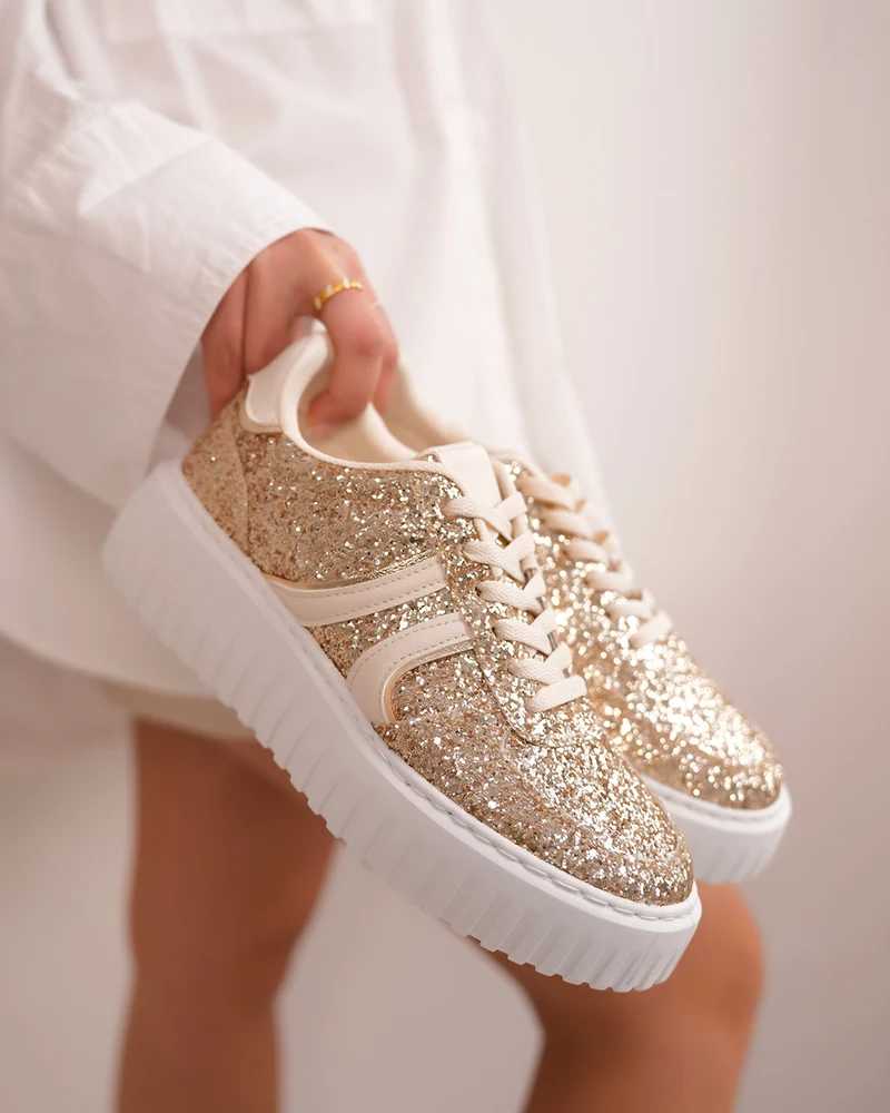Basket femme pailletée dorée avec rayures beiges et semelle blanche