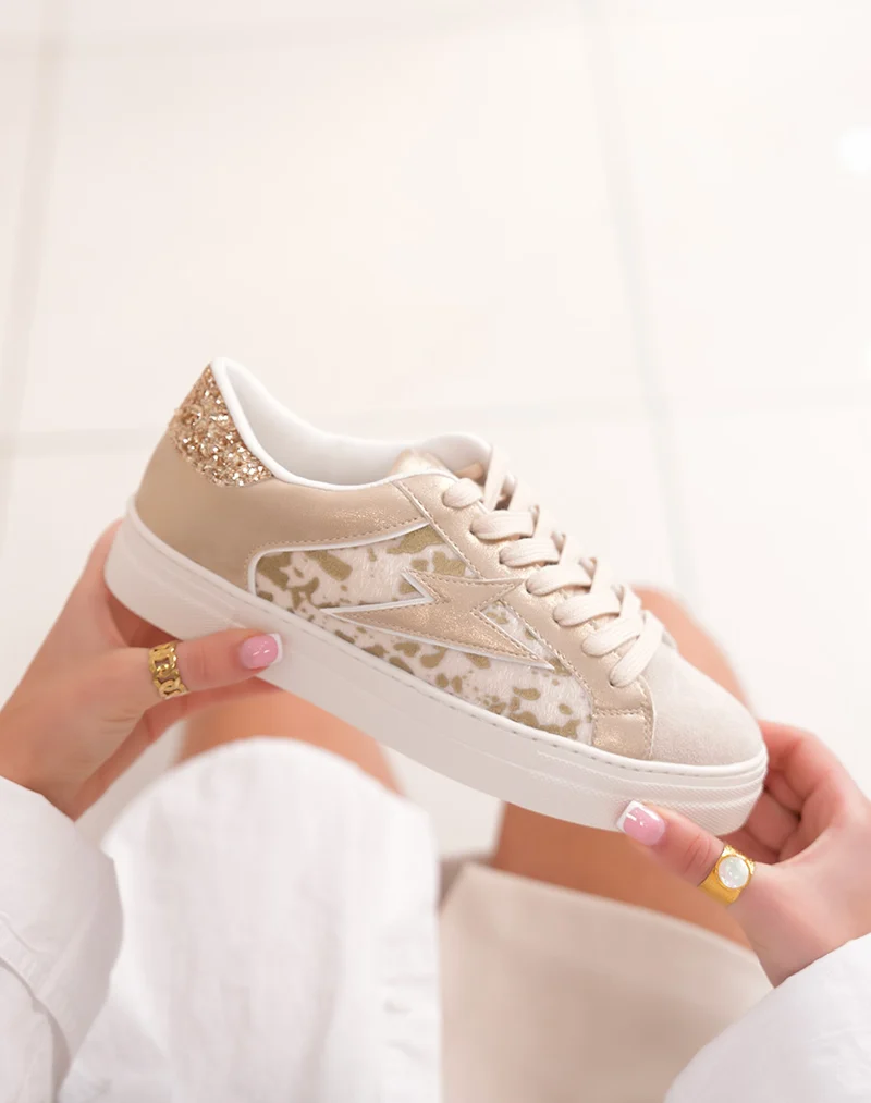 Baskets femme FINDLAY beige à empiècements dorés et effet vachette tendance