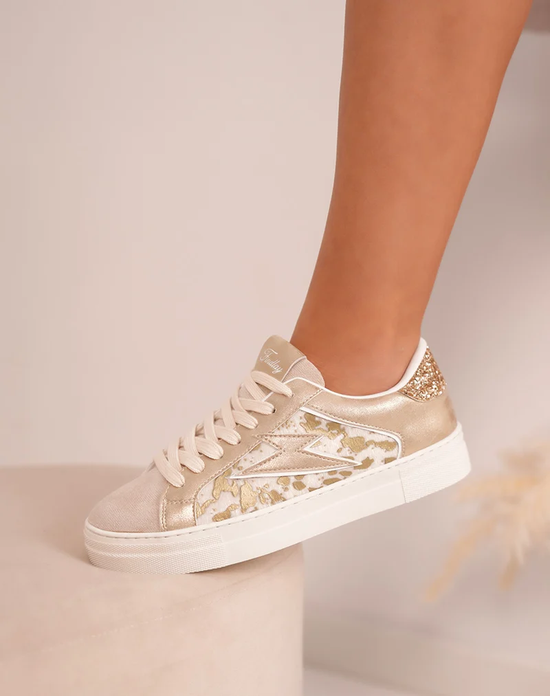 Baskets femme FINDLAY beige à empiècements dorés et effet vachette tendance