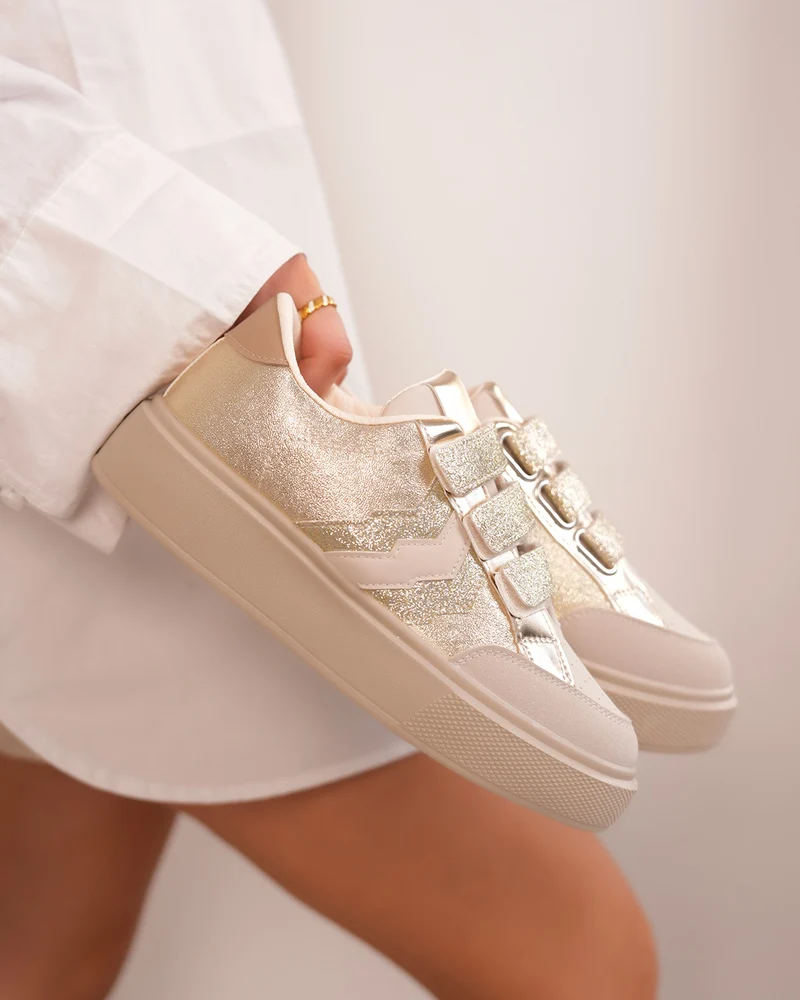 Basket dorée femme avec scratch pailletés et empiècements irisés