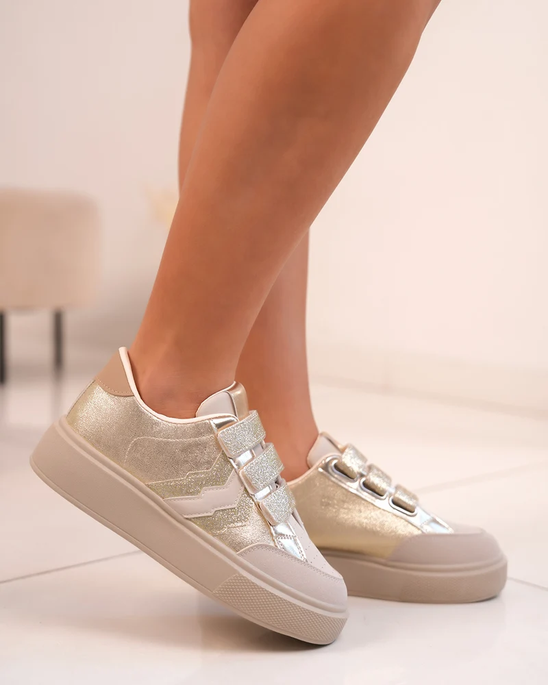 Basket dorée femme avec scratch pailletés et empiècements irisés