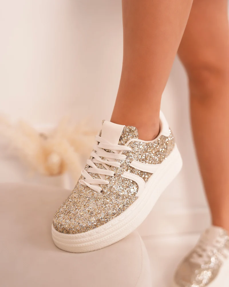 Basket dorée pailletée femme avec lacets blancs et semelle épaisse