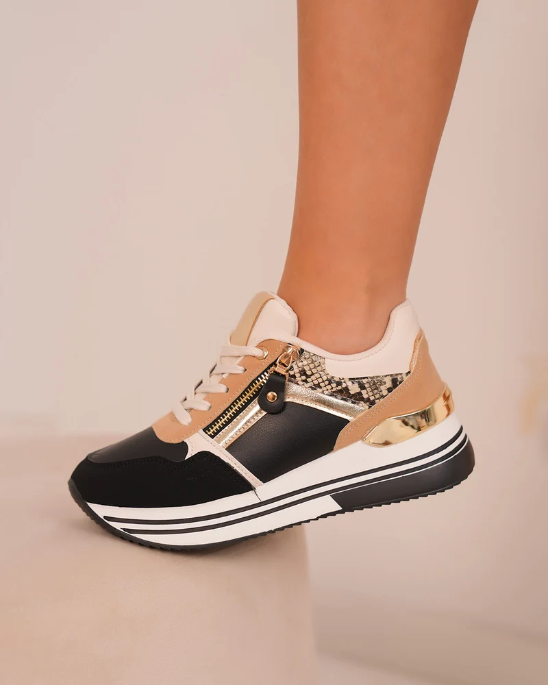 Baskets femme noires et dorées avec effet serpent et fermeture zip