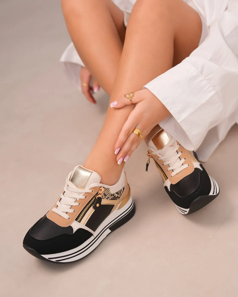 Baskets femme noires et dorées avec effet serpent et fermeture zip