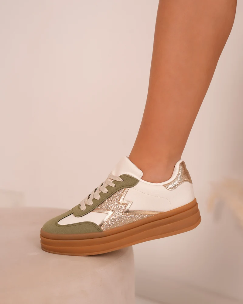 Basket femme beige avec empiècements kaki et doré pailleté