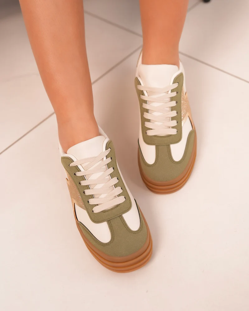 Basket femme beige avec empiècements kaki et doré pailleté