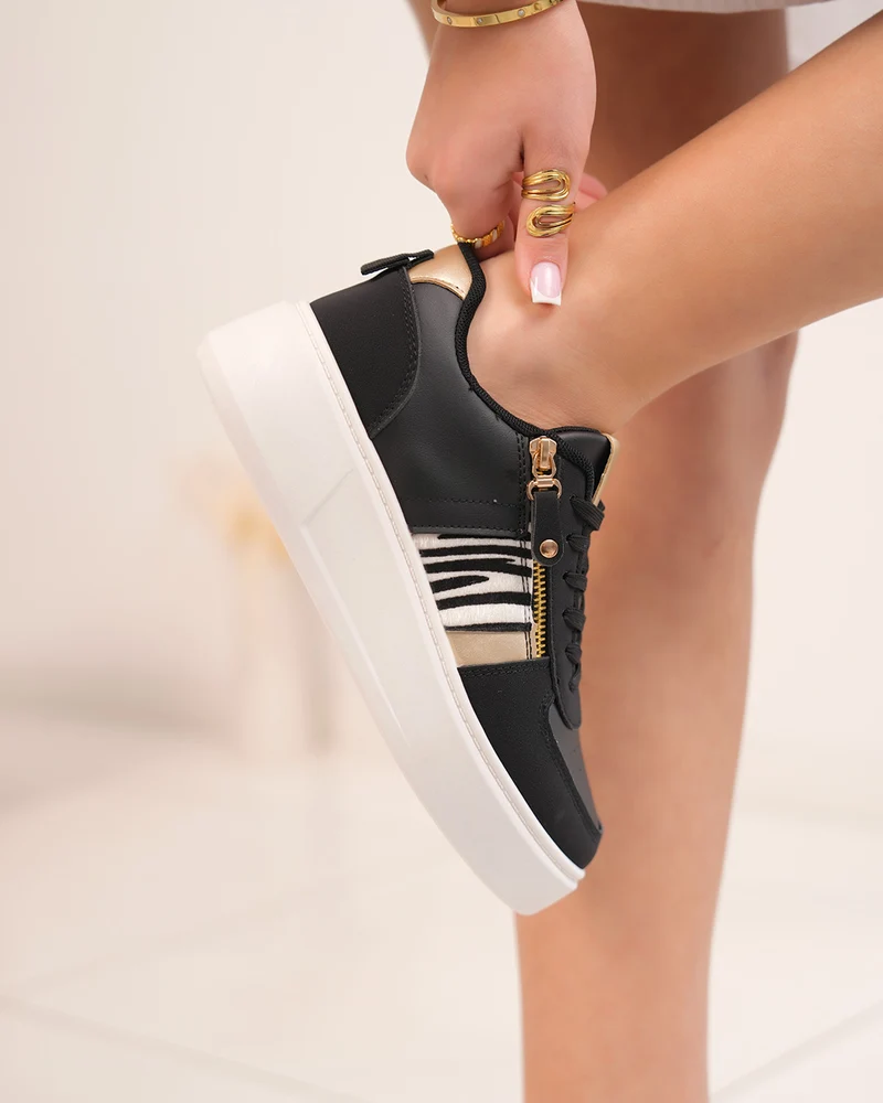 Basket femme noire avec fermeture éclair et motif zébré doré