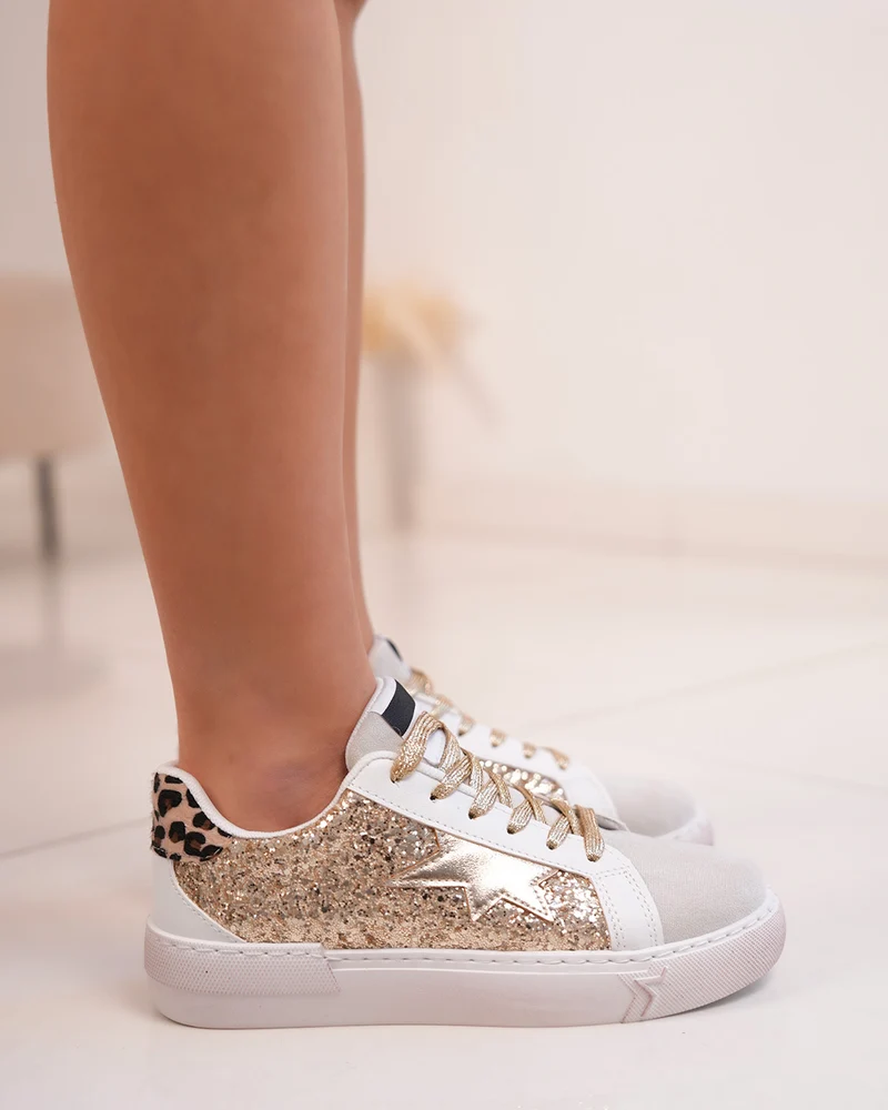 Basket Femme Beige à Empiècement Pailleté Doré et Détails Tendance