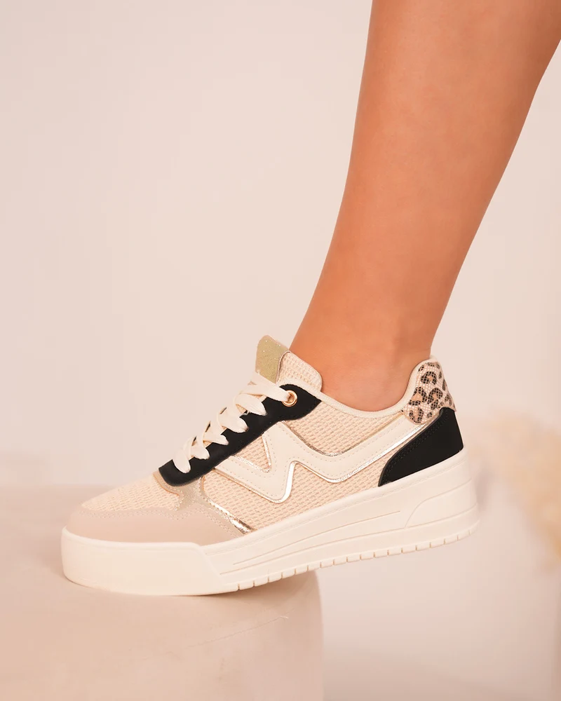 Basket Femme Beige Tissée avec Détails Dorés et Léopard