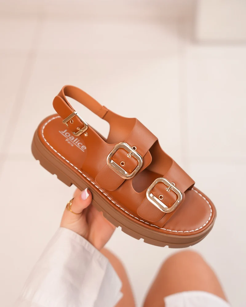 Mules Femme Camel avec Double Brides et Bride Arrière à Boucles Dorées