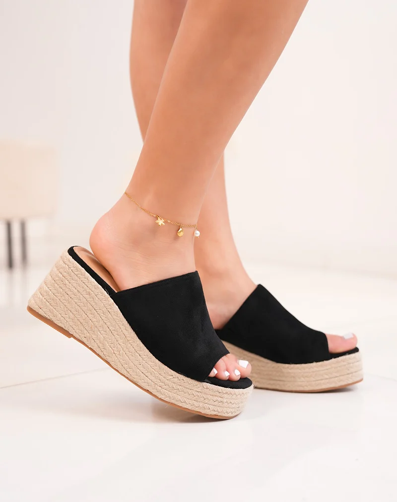 Mules FINDLAY femme en suédine noire à talon compensé brodé