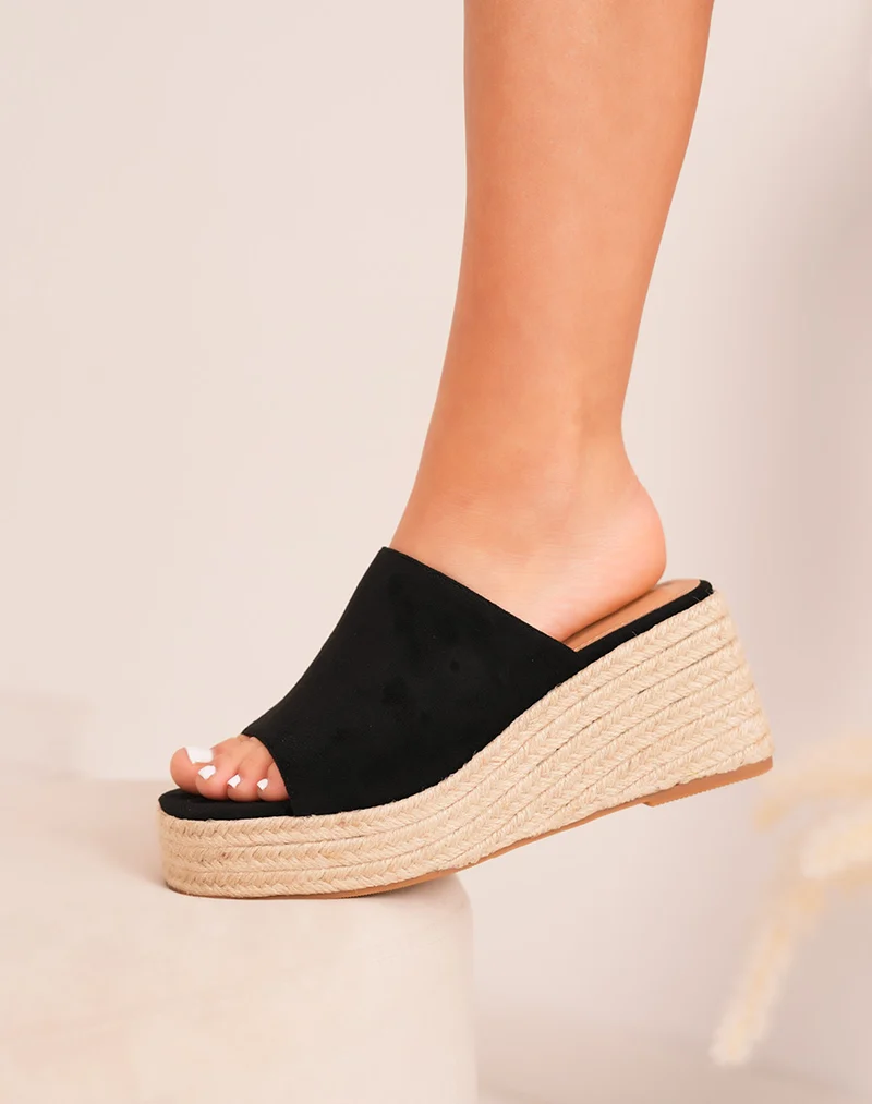 Mules FINDLAY femme en suédine noire à talon compensé brodé