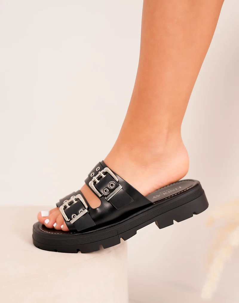 Mules FINDLAY femme noires à brides cloutées et boucles argentées