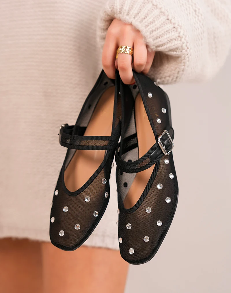 Ballerines femme noires transparentes avec strass et sangle argentée ajustable