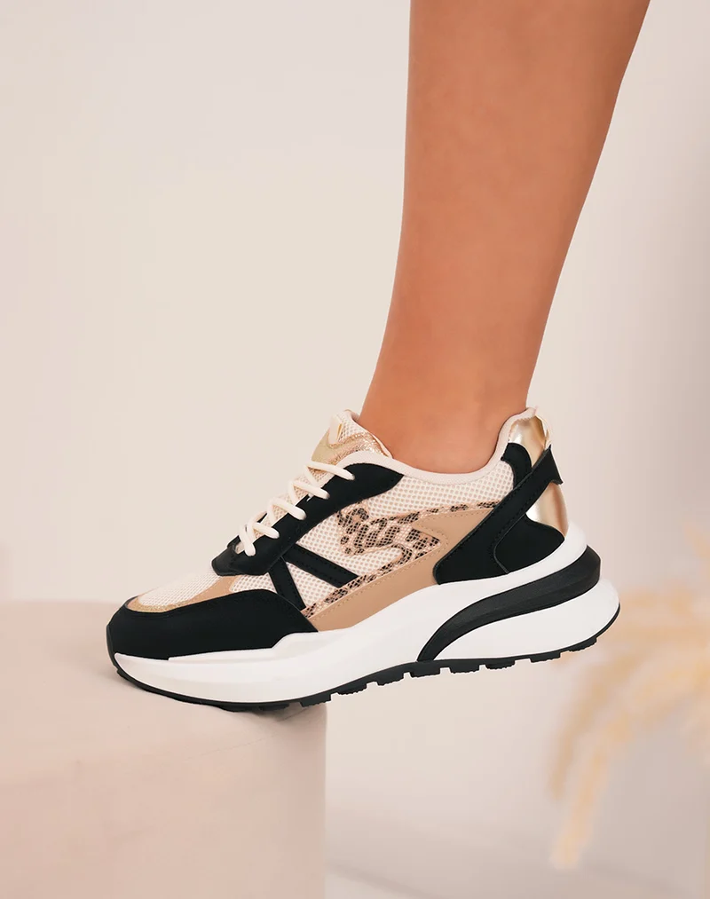 Baskets femme noires tendance avec touches dorées et imprimé léopard