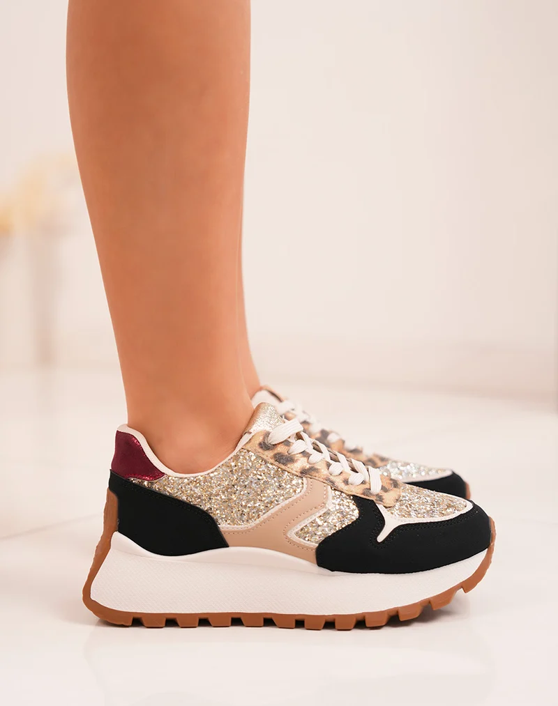 Baskets femme noires tendance avec paillettes dorées et semelle crantée