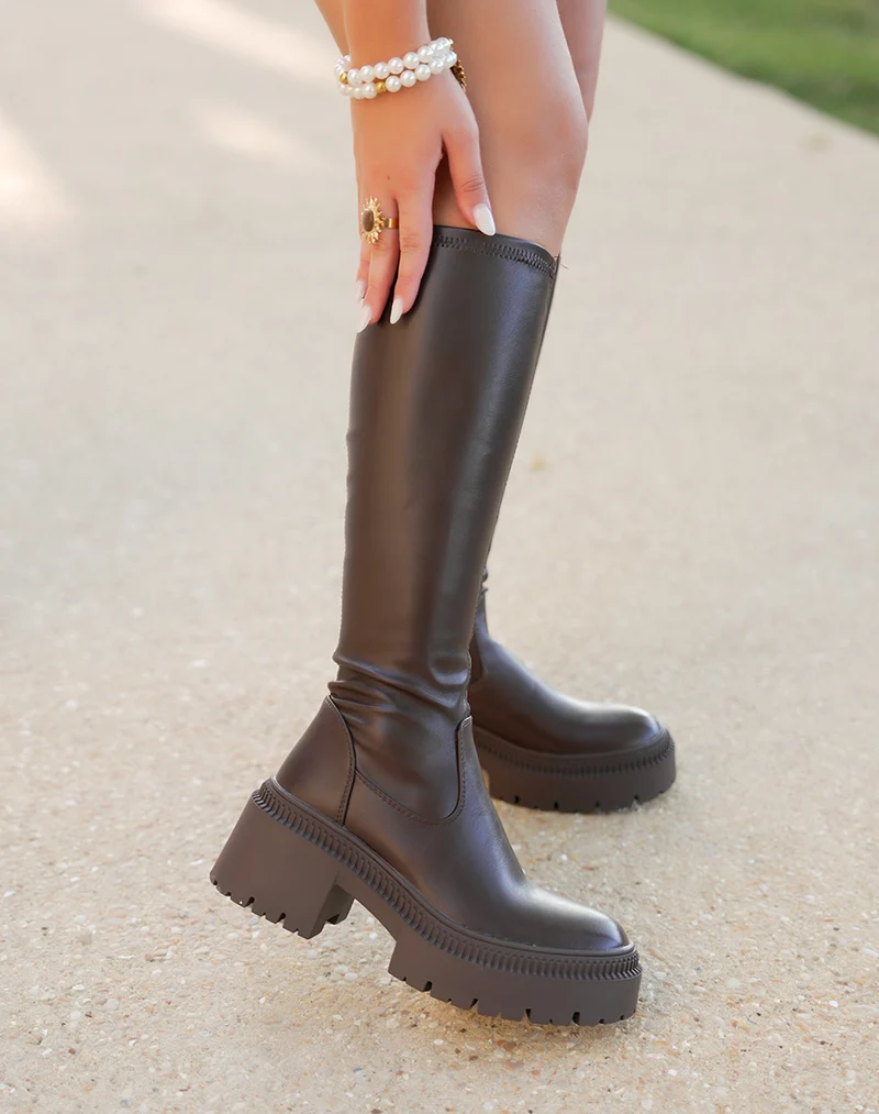 Bottes femme marron en similicuir effet chaussette avec plateforme et talon carré